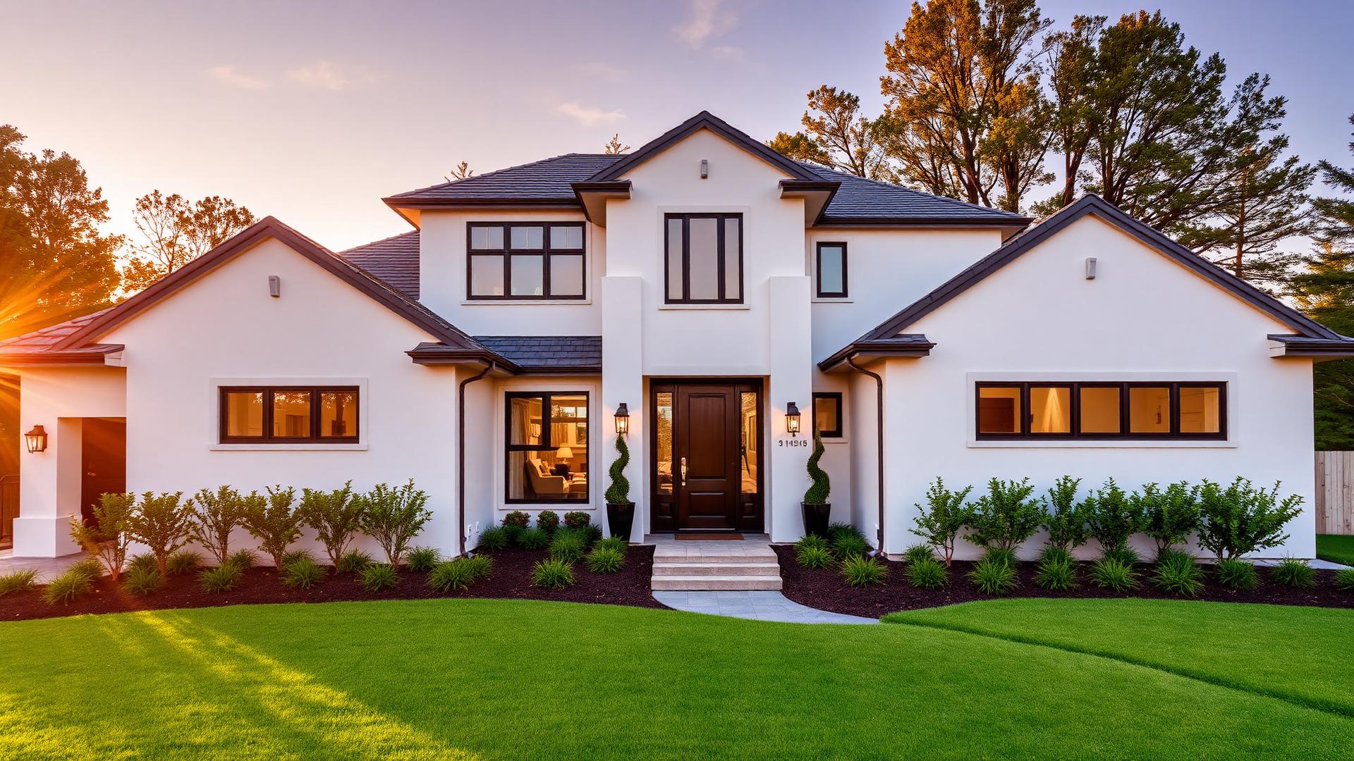 Modern luxury home exterior at golden hour